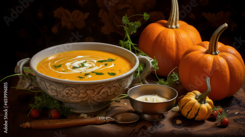 Pumpkin soup meal on a table for cold autumn or winter dinner