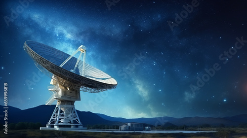 Radio telescope pointing to the sky at night with beautiful light