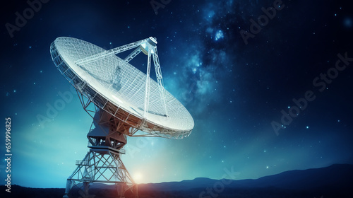 Radio telescope pointing to the sky at night with beautiful light