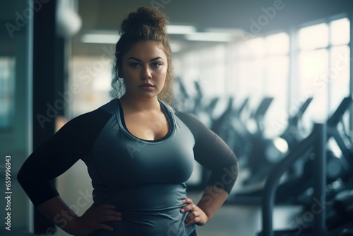 overweight woman gym sport fitness exercise body health fat exercising weight training fit diet activity obesity workout young loss active healthy athlete girl aerobic plus size generative ai