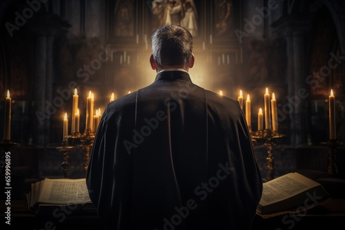 Rear view of priest looking at church interior. Religion concept.