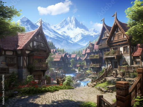 Cartoon fairy tale town with wooden houses, fairytale illustration. A gaming environment.  © Aisyaqilumar