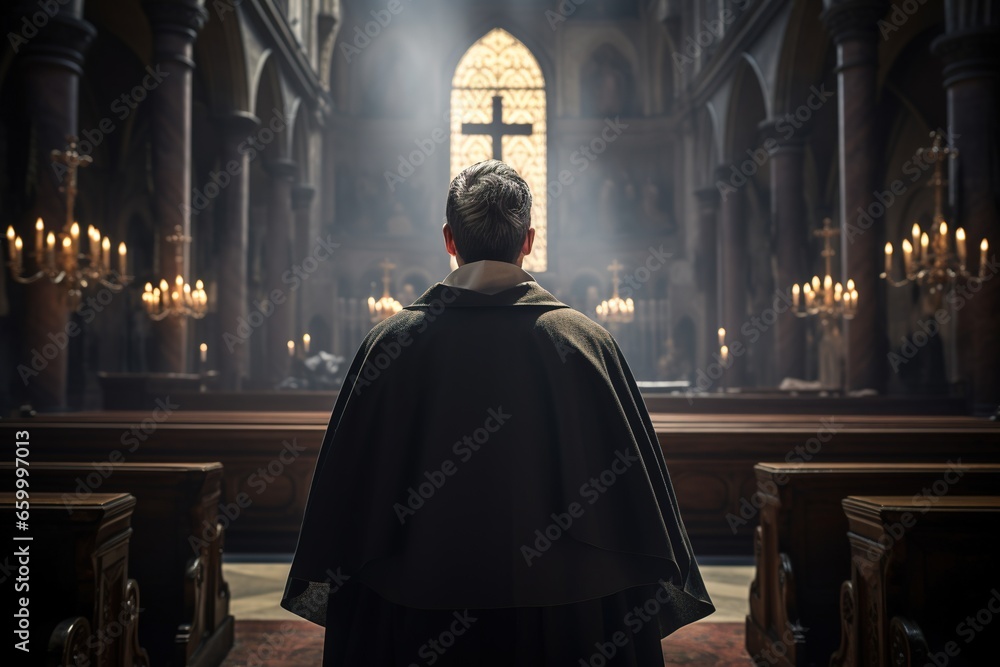 Rear view of priest looking at church interior. Religion concept. Rear view of priest looking at church interior. Religion concept.
