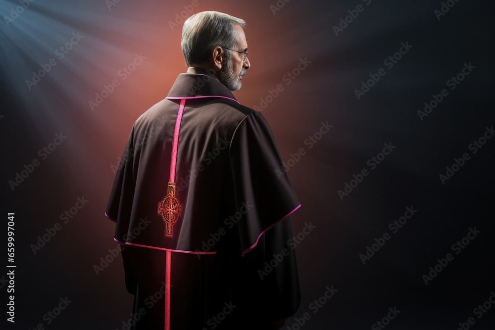 Rear view of priest looking at church interior. Religion concept.