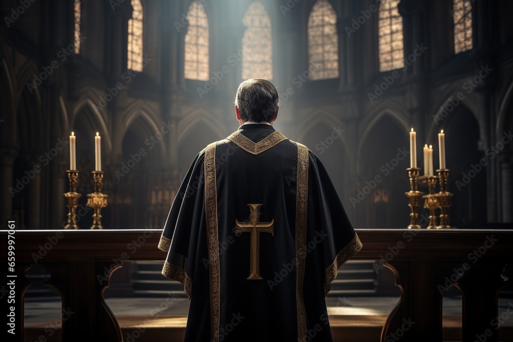 Rear view of priest looking at church interior. Religion concept.