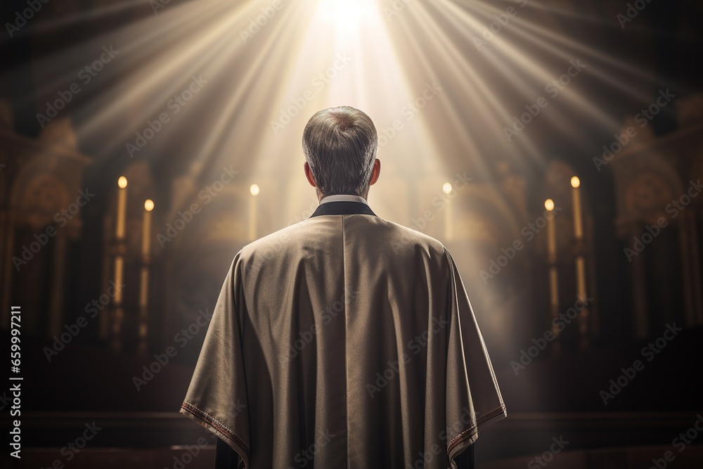 Naklejka premium Rear view of priest looking at church interior. Religion concept.
