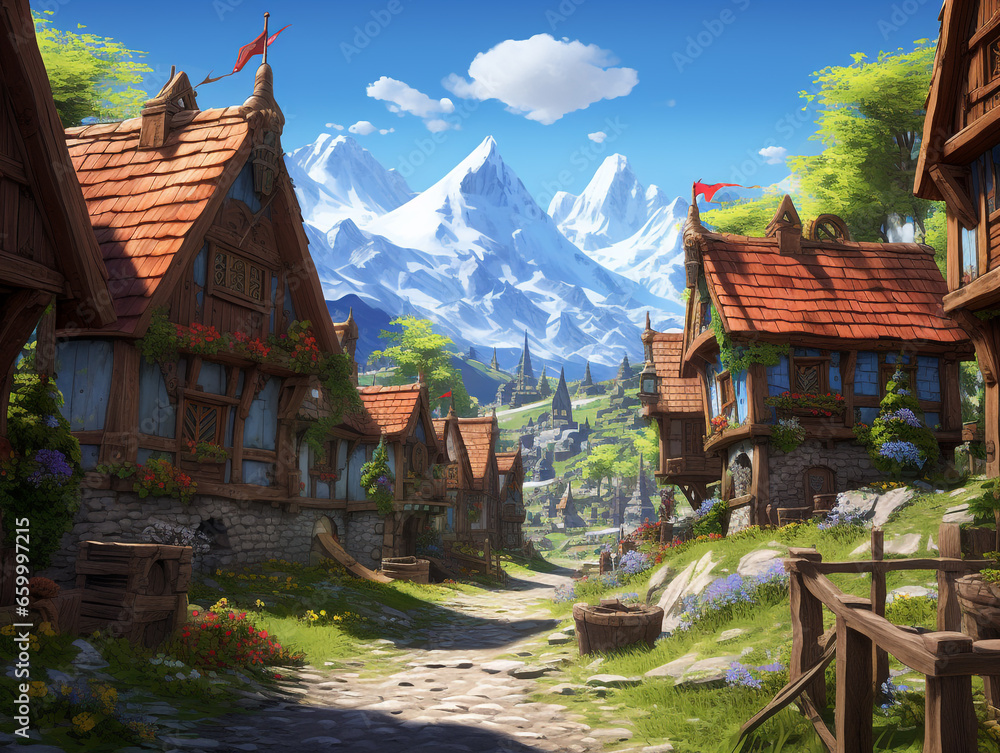 Cartoon fairy tale town with wooden houses, fairytale illustration. A gaming environment. 