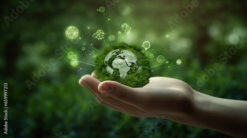 The hands holding the Earth and the icon of reuse reduce recycle and refuse in the Zero waste concept and care, saving and renewable for the environment sustainability. save earth concept