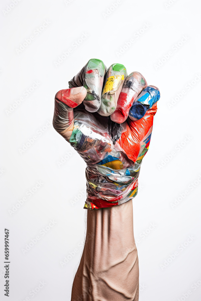 closeup of clenched fist with a glove made of plastic waste, fight against overconsumption, ecological concept, colorful plastic bag isolated on a white background