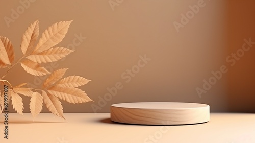 3D background  wood podium display set . Natural nude  beige banner backdrop with branch shadow. Product promotion Beauty cosmetic  nature dry autumn leaf. Wooden stand studio empty Minimal 3D render