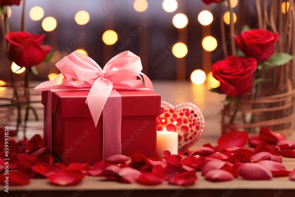 Gift box with rose petals on wooden table on blurred lights background
