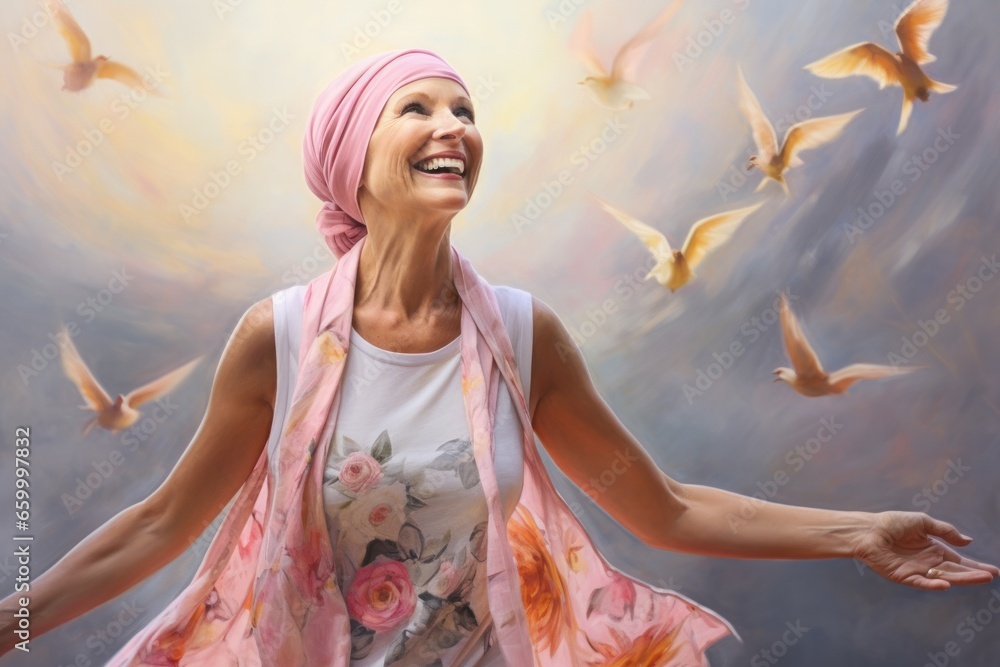 Beautiful young woman with a pink scarf on her head and flying birds