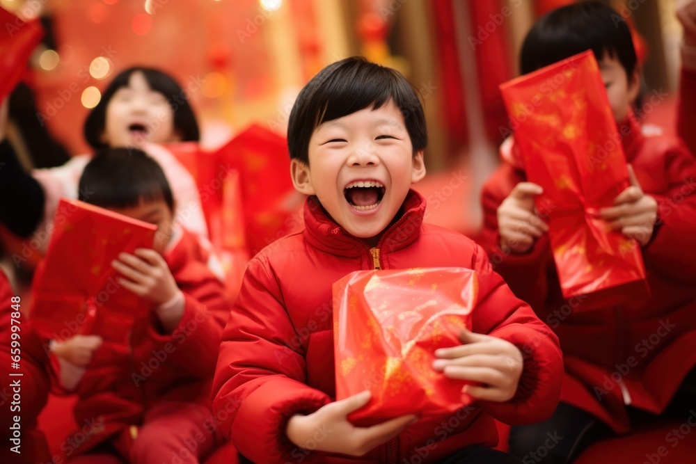 Happy asian little children holding red gift box in chinese new year festival