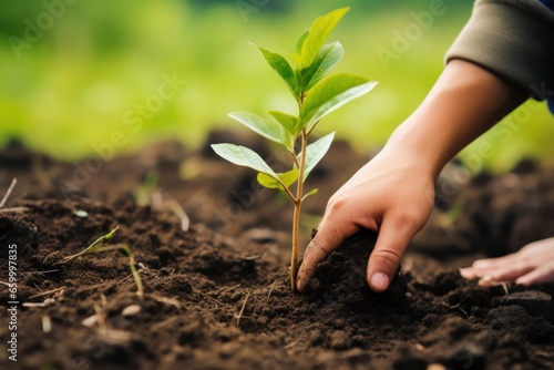 Close up of child hand planting tree on fertile soil with nature green background