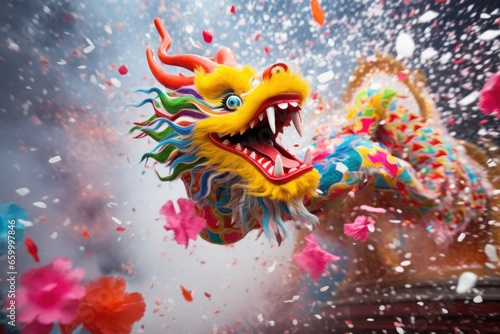Colorful dragon statue in a Chinese New Year parade whit fireworks © TheCatEmpire Studio