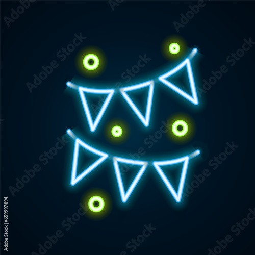 Glowing neon line Carnival garland with flags icon isolated on black background. Party pennants for birthday celebration, festival and fair decoration. Colorful outline concept. Vector