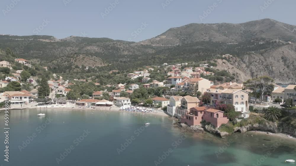 Aerial view of harbour and Assos town, Assos, Kefalonia (Cephalonia), Ionian Islands, Greek Islands Aerial view of harbour and Assos town, Assos, Kefalonia (Cephalonia), Ionian Islands, Greek Islands