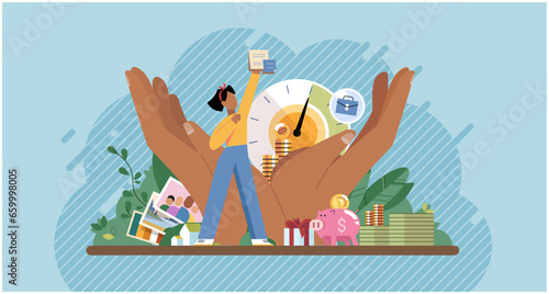Wellbeing metaphor. Vector illustration. Support insurance, safety gear for secure professional journey Employee wellbeing, thermometer measuring health of workplace Humcare, bedrock of caring work