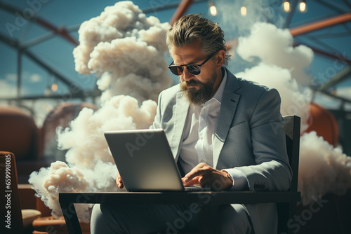 Explore the imaginative world of business with a photo capturing a man in a suit working on a laptop on a cloud. Ai generetad photo