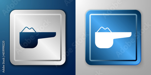 White Sports nutrition bodybuilding proteine power drink and food icon isolated on blue and grey background. Silver and blue square button. Vector