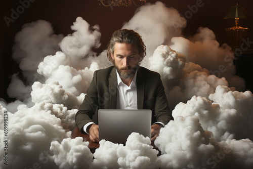 Explore the imaginative world of business with a photo capturing a man in a suit working on a laptop on a cloud. Ai generetad photo