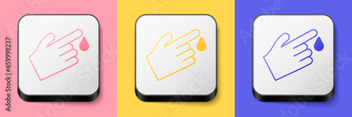 Isometric Hand finger with blood drops icon isolated on isolated on pink, yellow and blue background. Diabetes, sugar blood. Square button. Vector