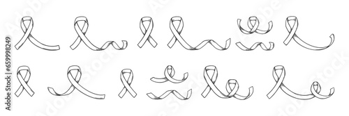 Ribbons for awareness day. Breast cancer awareness symbol collection. Sketch vector illustration isolated in white background