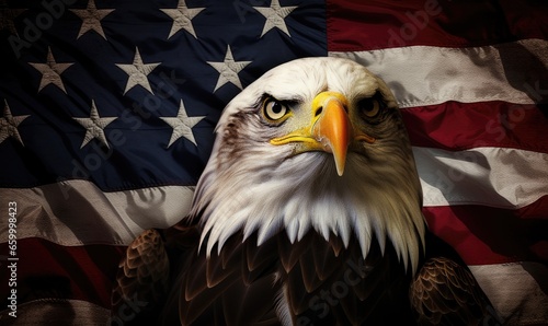 Photo of a majestic bald eagle with the American flag proudly displayed in the background