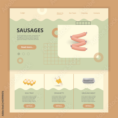 Sausages flat landing page website template. Egg tray, spaghetti, ground meat. Web banner with header, content and footer. Vector illustration.