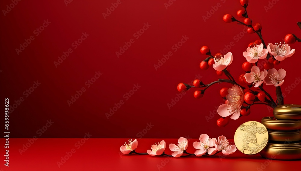 cherry blossom with golden coins on a red background - obrazy, fototapety, plakaty 