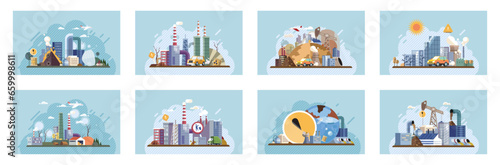 Industrial pollution. Dirty waste. Environmental pollution. Vector illustration. Environmental pollution has reached alarming levels Dirty waste management needs urgent reform The contamination air