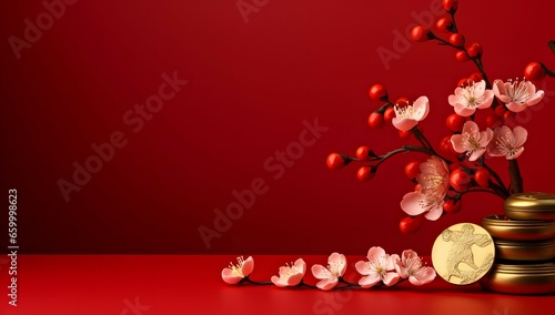 cherry blossom with golden coins on a red background