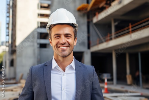 Portrait of a young male construction executive at the construction site