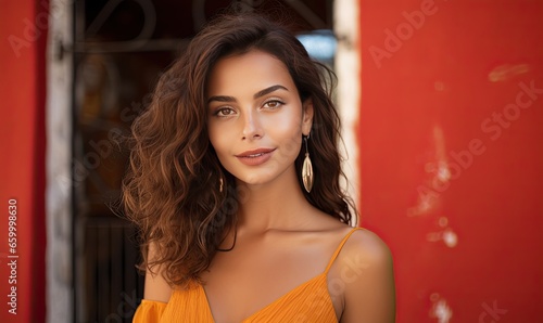 Photo of a woman posing in an elegant orange dress for a stunning photo