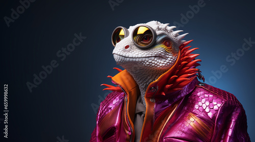 Hyper realistic anthropomorphic lizard iguana in stylish pink jacket on dark background with copy space. Futuristic pop art character concept