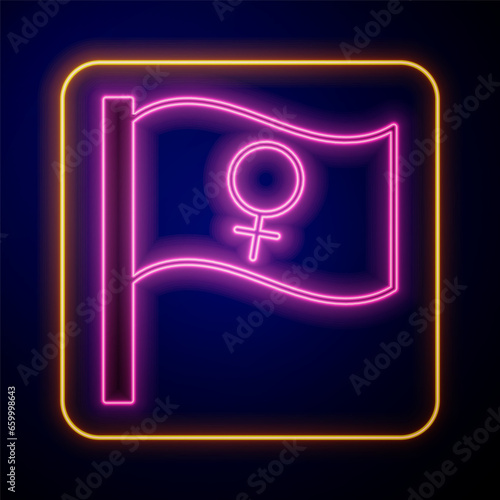 Glowing neon Female movement, feminist activist with banner and placards icon isolated on black background. Feminist rights movement, feminism sisterhood. Vector