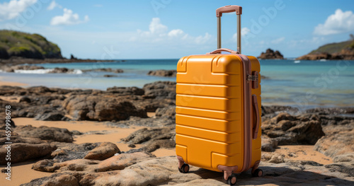 yellow suitcase on the beach. vacation