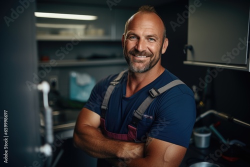 Portrait of a smiling middle aged plumber fixing a kitchen