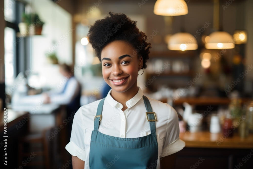 Portrait of a young waitress in a restaurant - obrazy, fototapety, plakaty 