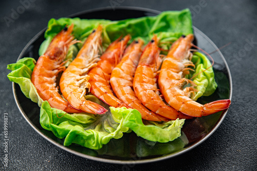 shrimp Gambas prawn fresh seafood crustacean meal food snack on the table copy space food background rustic top view