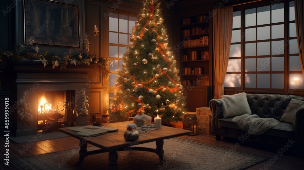a lit up Christmas tree in a cozy home at night with the fireplace active,in the style of 32k uhd,sharp image, generative ai