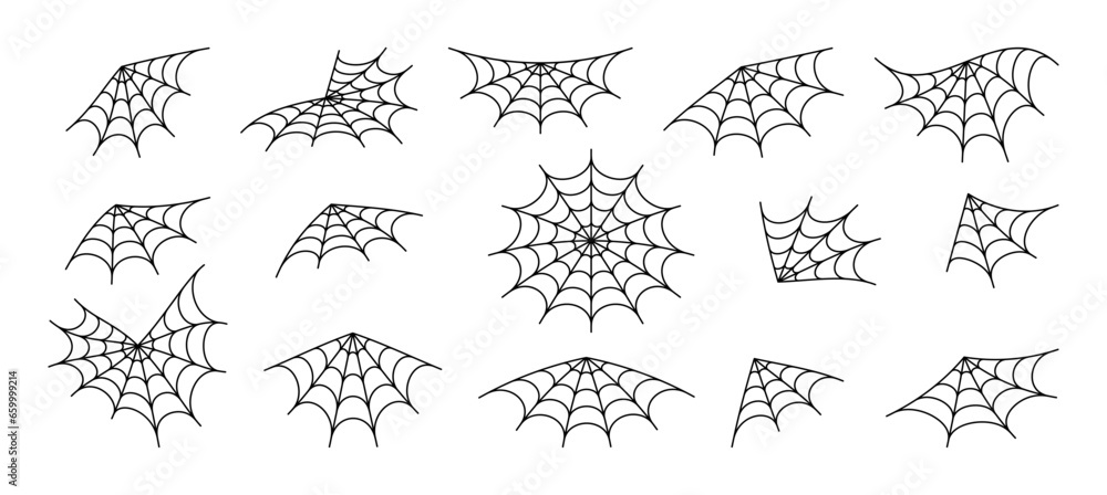 Spiderweb tracery varieties set. Sticky black mesh pattern with halloween party ornament. Horror trap of intertwining dangerous vector lines - obrazy, fototapety, plakaty 