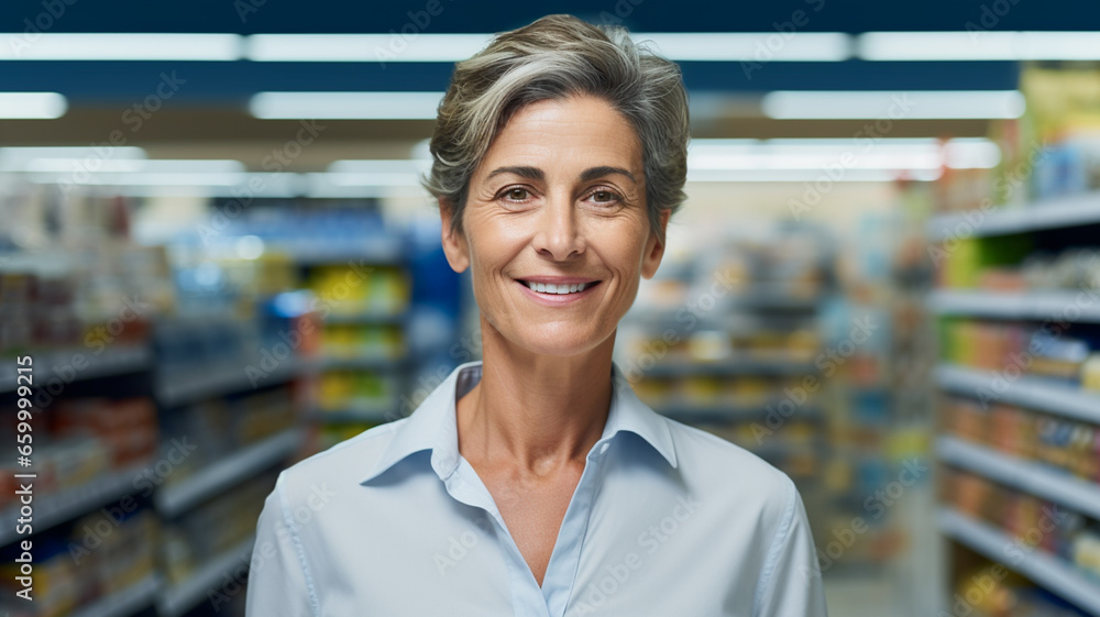 Portrait of senior adult female manager in supermarket smiling at camera.
Portrait of senior adult female manager in supermarket smiling at camera.