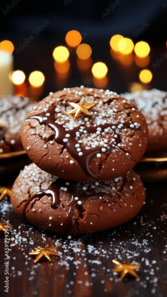 Chocolate Christmas cookies on a black background