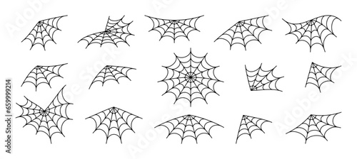 Spiderweb tracery varieties set. Sticky black mesh pattern with halloween party ornament. Horror trap of intertwining dangerous vector lines