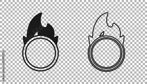 Black Circus fire hoop icon isolated on transparent background. Ring of fire flame. Round fiery frame. Vector
