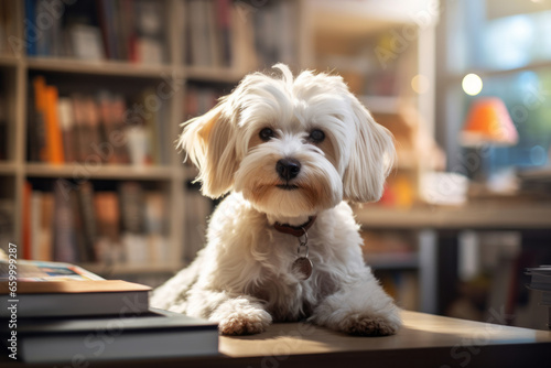 White hairy dog sitting at desk in library. Pets animals friendly concept