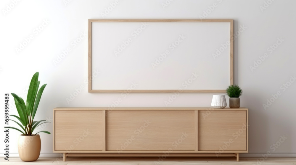 modern living room, Blank photo frame over nightstand in room, light beige and style, minimalist design modern living room, Blank photo frame over nightstand in room, light beige and style, minimalist design