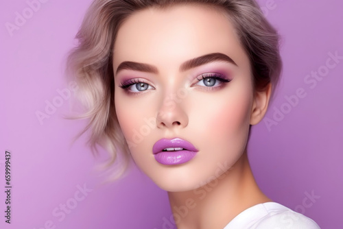 Beautiful woman with saturated purple lips, close-up, white skin, on pink background 