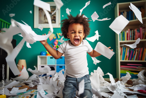A playful hyperactive cute toddler misbehaving and making a mess in a kids room, throwing around things. Generative AI